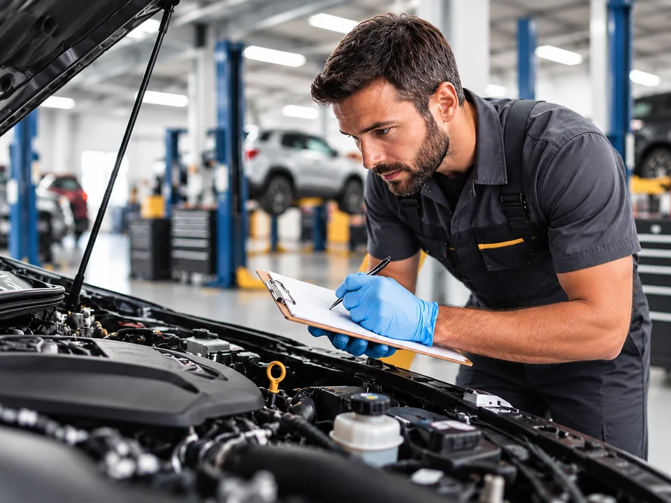 general-car-inspection-in-calgary Automotive technician checking a vehicle’s engine bay and recording inspection findings on a clipboard.